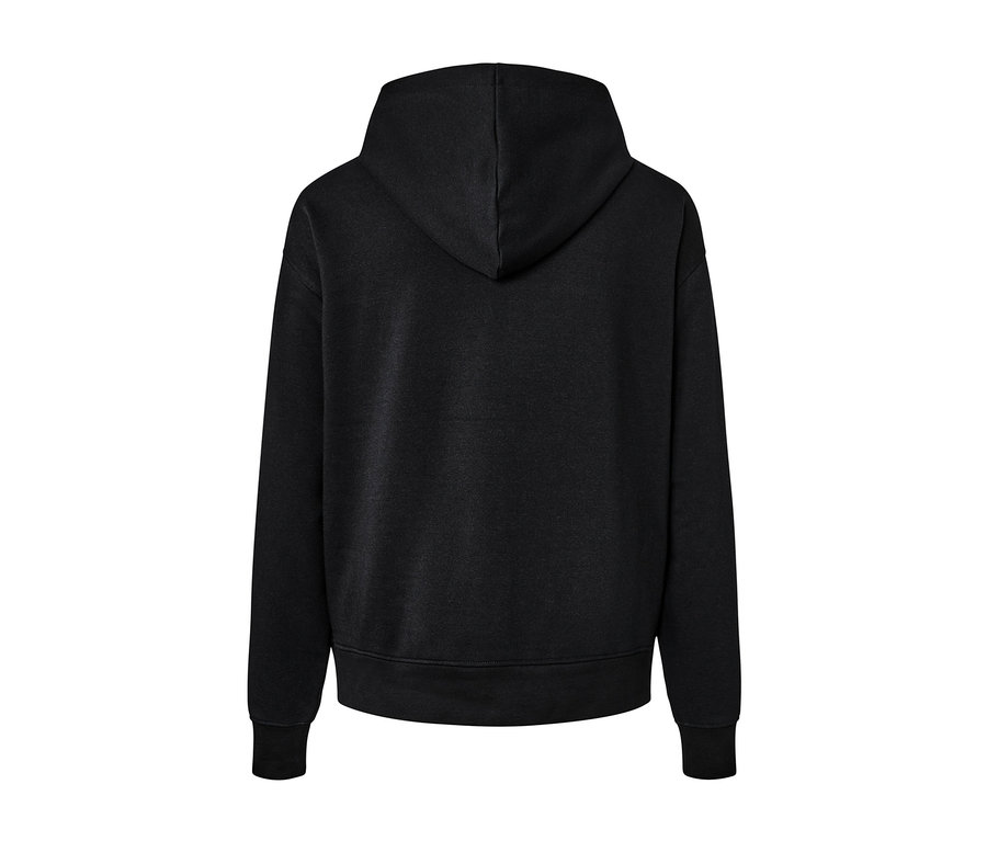 Détail du dos d'un sweatshirt à capuche noir.