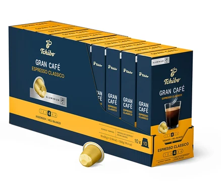 Un paquet de capsules Tchibo Gran Café Espresso Classico, le paquet est bleu et contient 100 capsules.