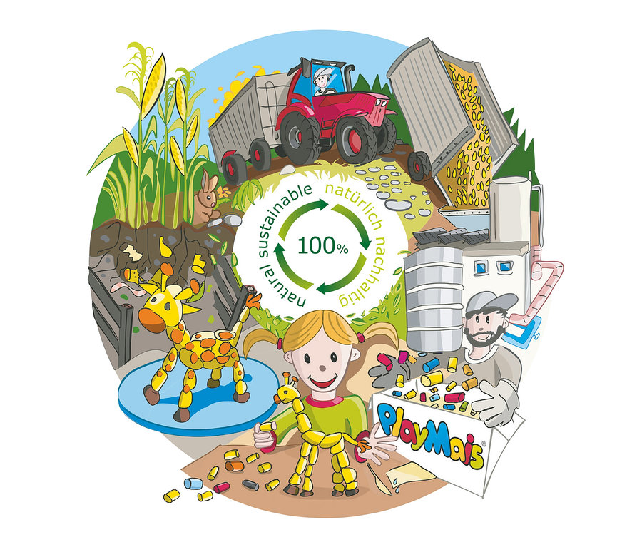 Illustration d'une fille jouant avec un set PlayMais® et créant une girafe.