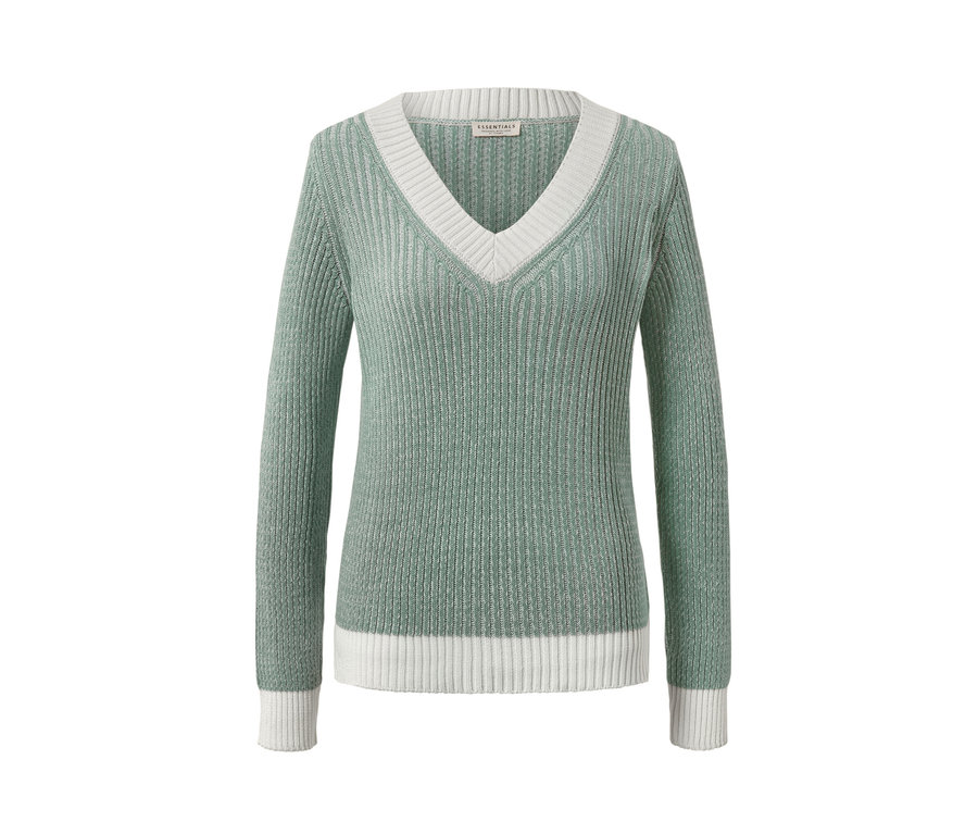 Pull en maille côtelée vert avec col en V et détails blancs.