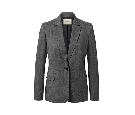 Détail d'un blazer tissé gris aspect chevrons.