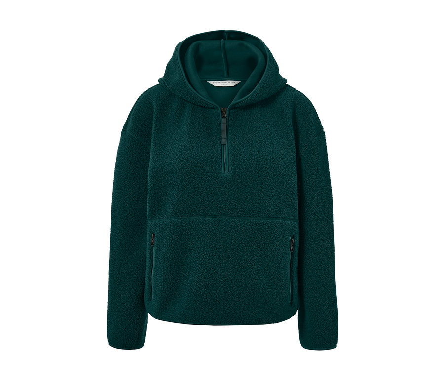 Pull à capuche en peluche vert foncé avec fermeture éclair et poches.