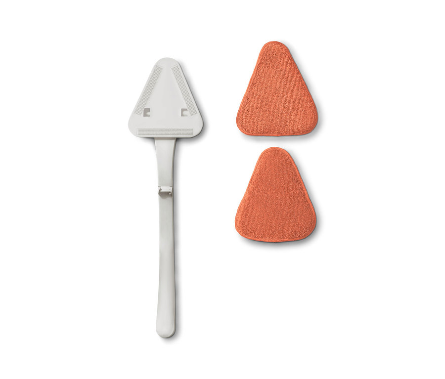 Nettoyeur de pare-brise blanc avec deux tampons triangulaires orange.