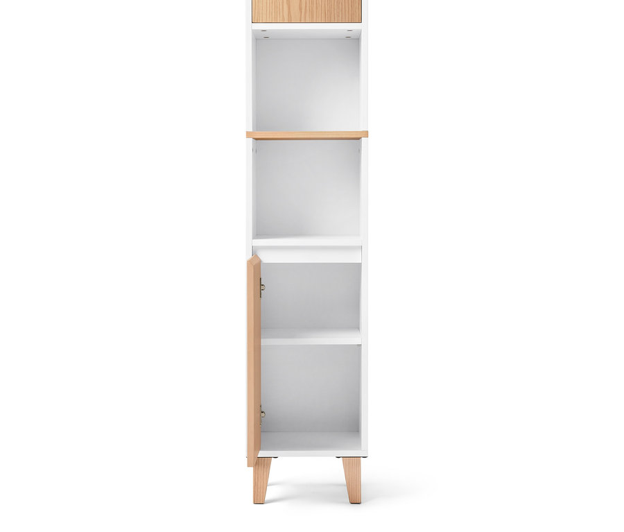 Armoire haute de salle de bain blanche avec un espace ouvert et 2 portes avec des éléments en bois.