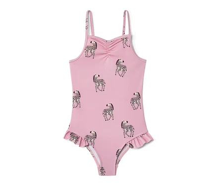 Maillot de bain à ruché rose avec imprimé zèbre.