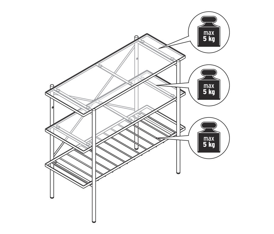 Schéma d'une console d'une largeur d'environ 90 cm avec trois étagères en verre, capacité de charge maximale de 5 kg par étagère.