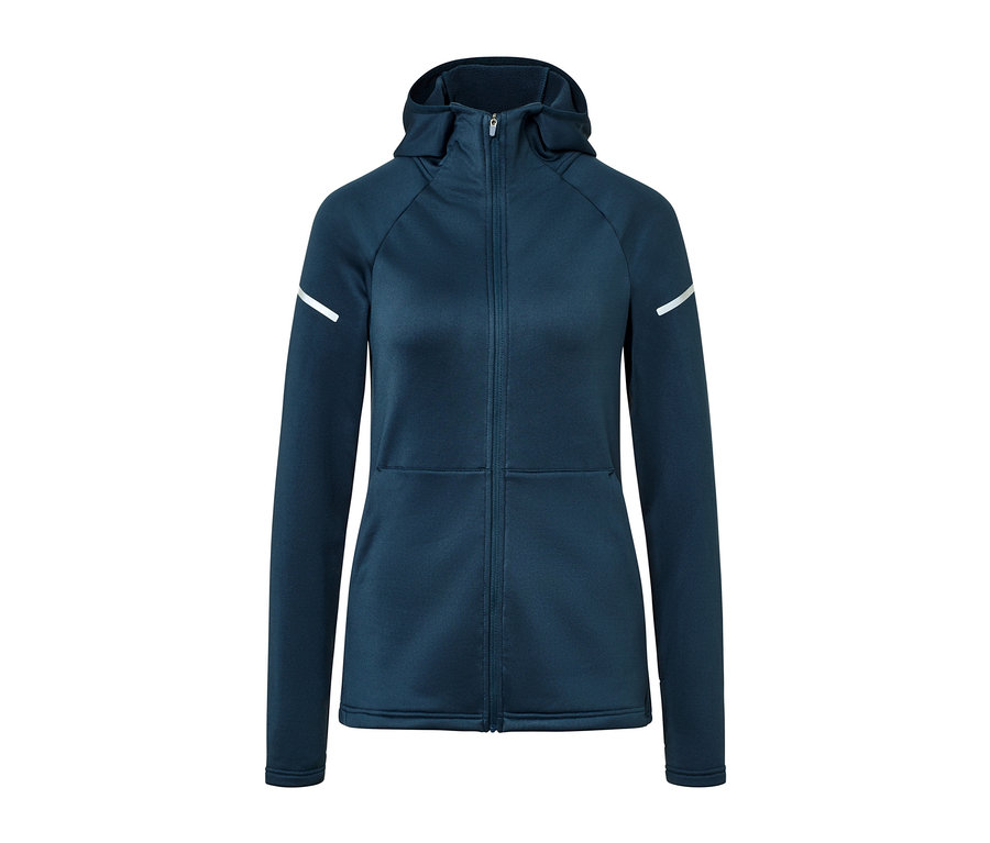 Veste thermique bleu foncé avec fermeture éclair et capuche.