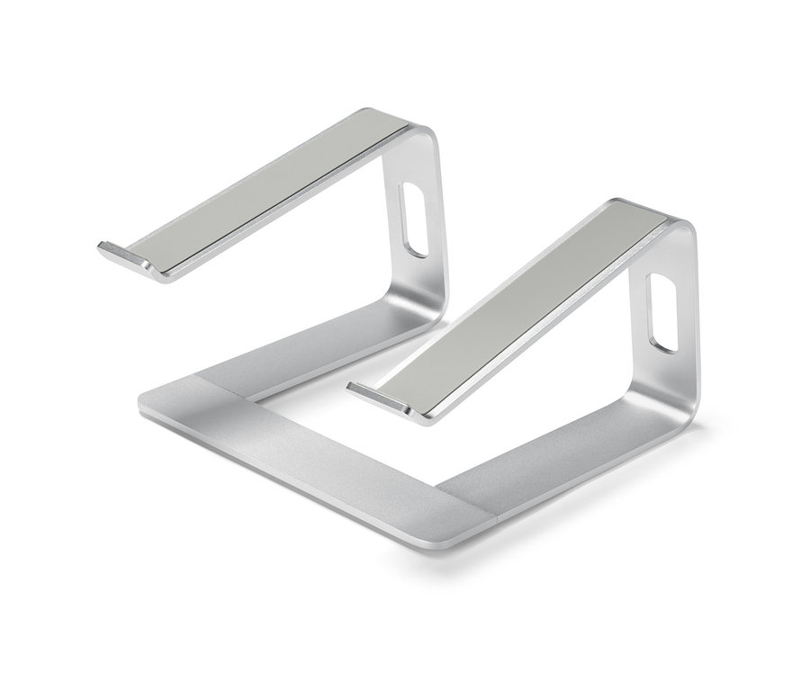 Deux supports argentés pour ordinateur portable.