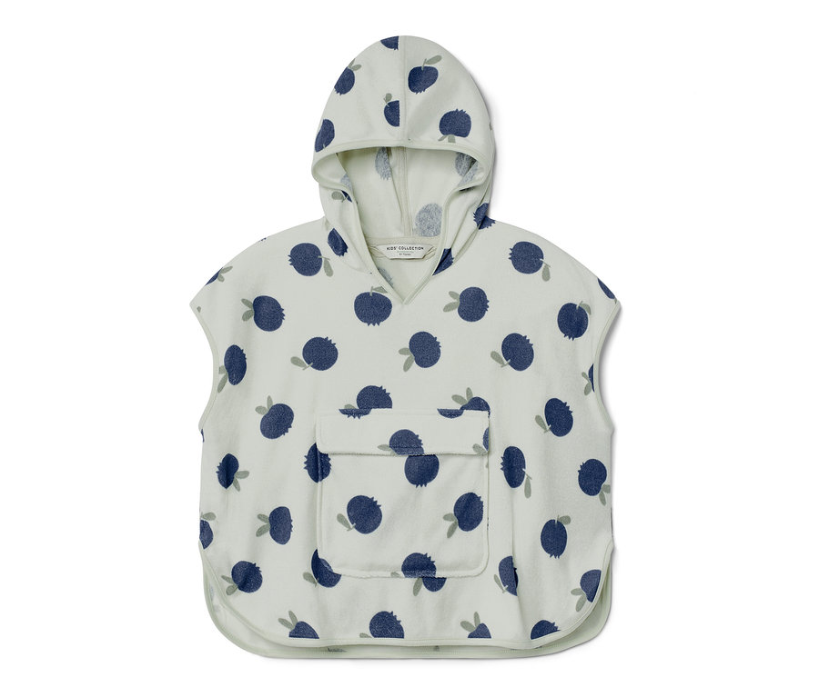 Poncho en éponge pour tout-petits avec capuche et imprimé de myrtilles bleues.