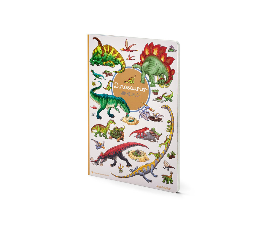 Livre « Dinosaurier Wimmelbuch » avec diverses illustrations de dinosaures.