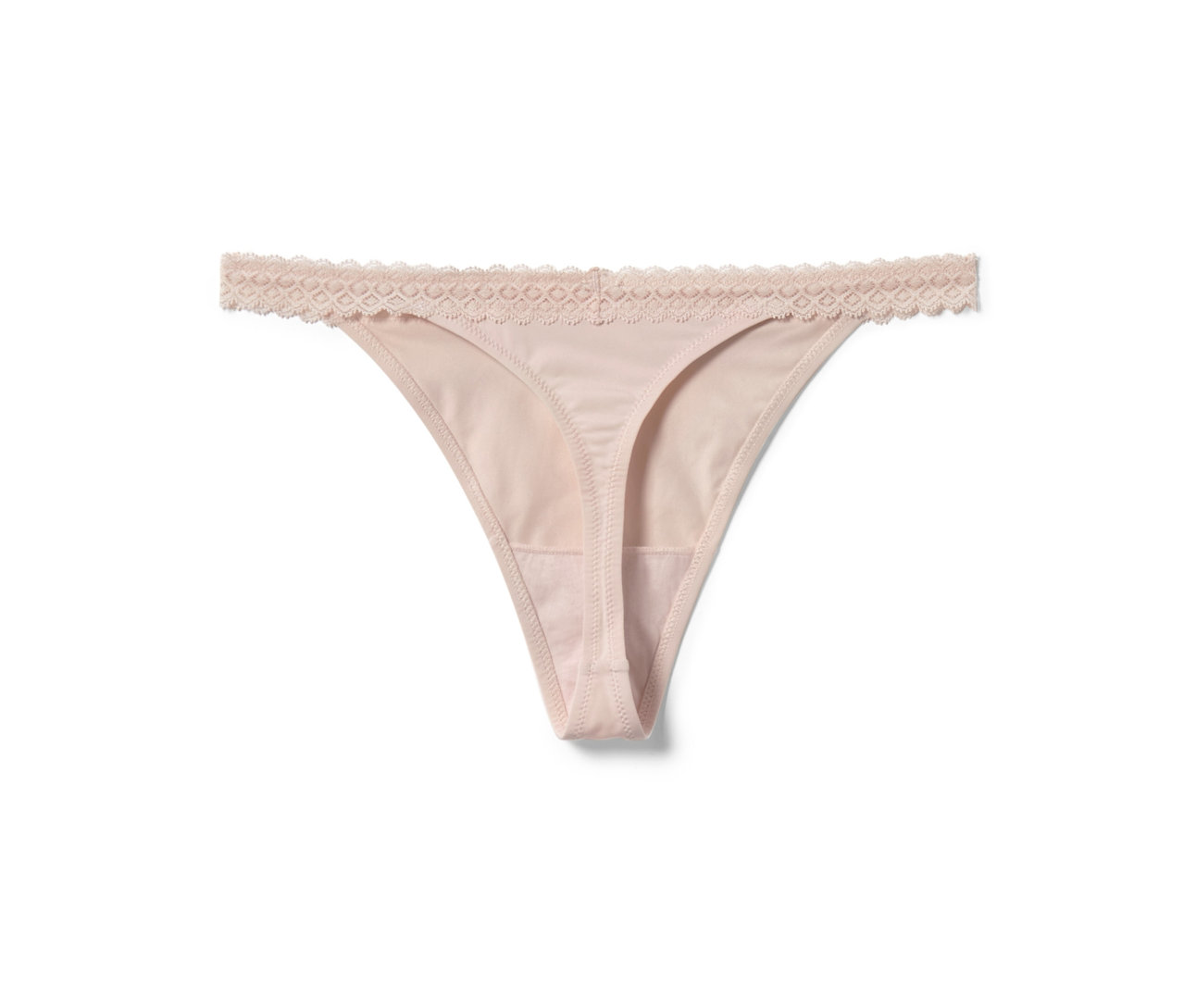 Gros plan d'un string beige avec de la dentelle, faisant partie d'un ensemble de 5 strings