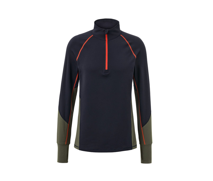 T-shirt technique thermique à manches longues bleu marine et vert avec fermeture éclair rouge.