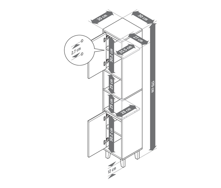 Représentation graphique d'une armoire haute de salle de bain avec un espace ouvert et 2 portes, dimensions incluses.