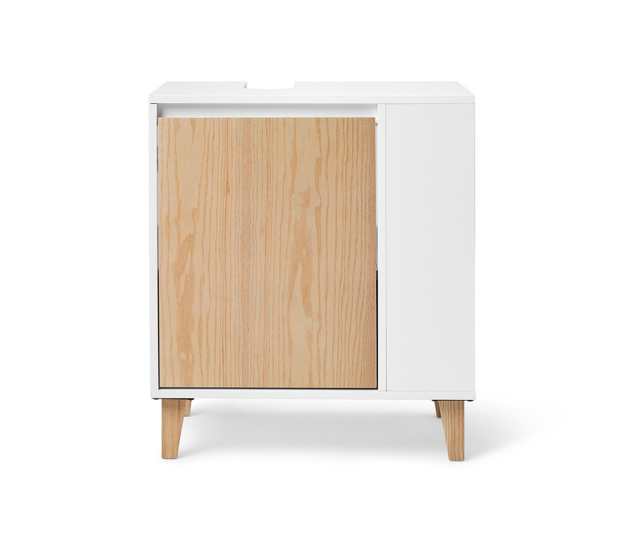 Meuble sous-vasque avec porte et compartiment latéral, la porte est en bois, le reste est blanc.