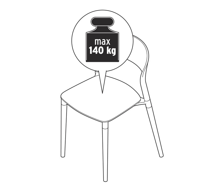 Illustration d'une seule chaise en plastique avec une note indiquant une capacité de charge maximale de 140 kg.
