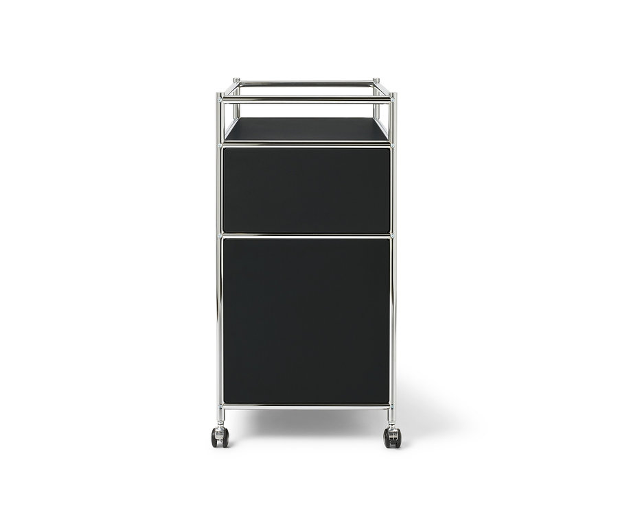 Commode métallique «
CN3
» noire avec un tiroir, un compartiment à abattant et un contour.