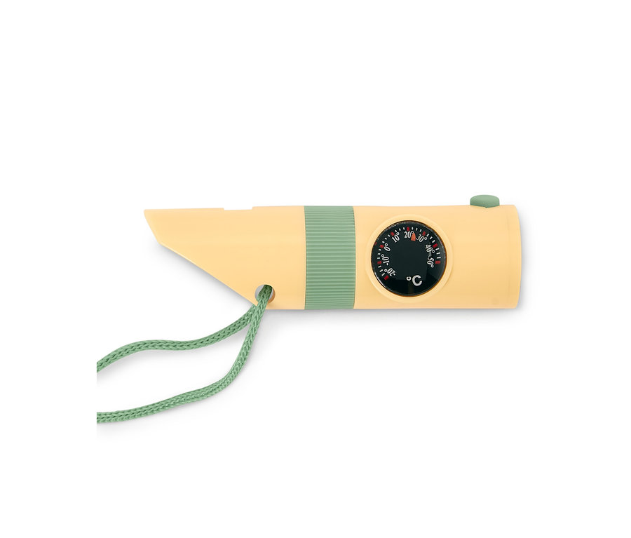 Un outil compact jaune pour l'extérieur avec un thermomètre et un cordon vert.