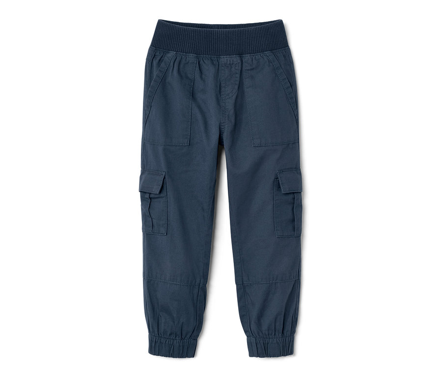 Un pantalon à enfiler bleu pour enfant – Fit « Anton » avec des poches sur fond blanc.