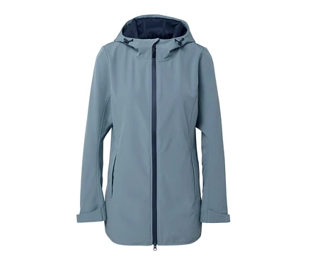 Veste en softshell bleue avec fermeture éclair et capuche.