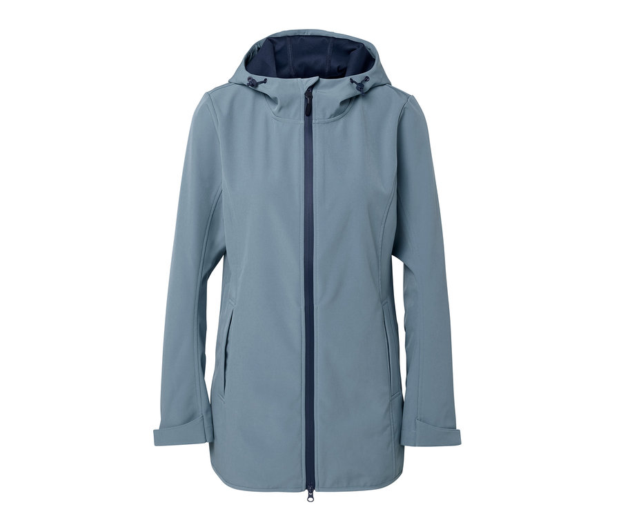 Veste en softshell bleue avec fermeture éclair et capuche.