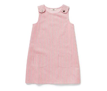 Robe-salopette tissée pour enfant à rayures rouges et deux poches.