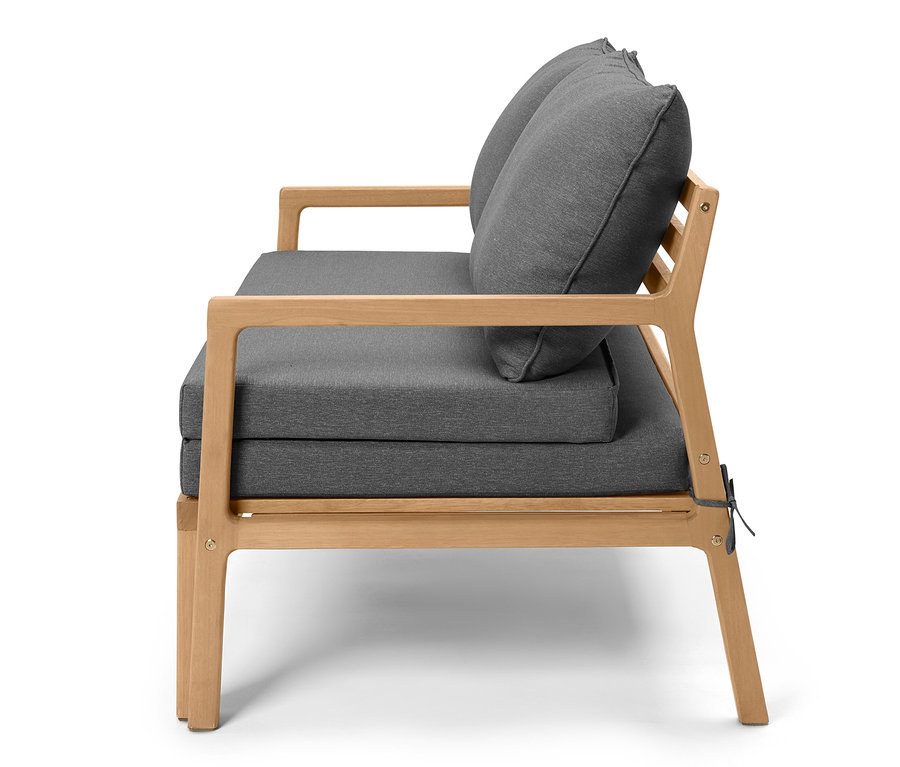 Canapé lounge extensible avec revêtement gris et cadre en bois clair.