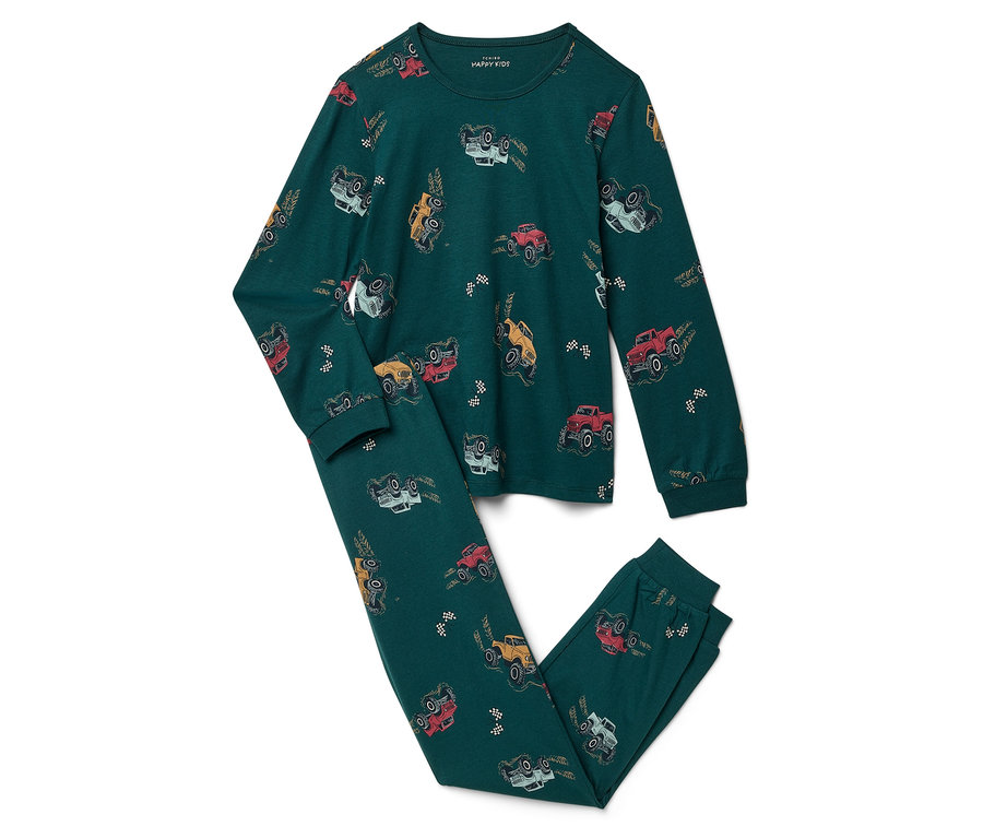Pyjama vert avec imprimé de monster trucks.
