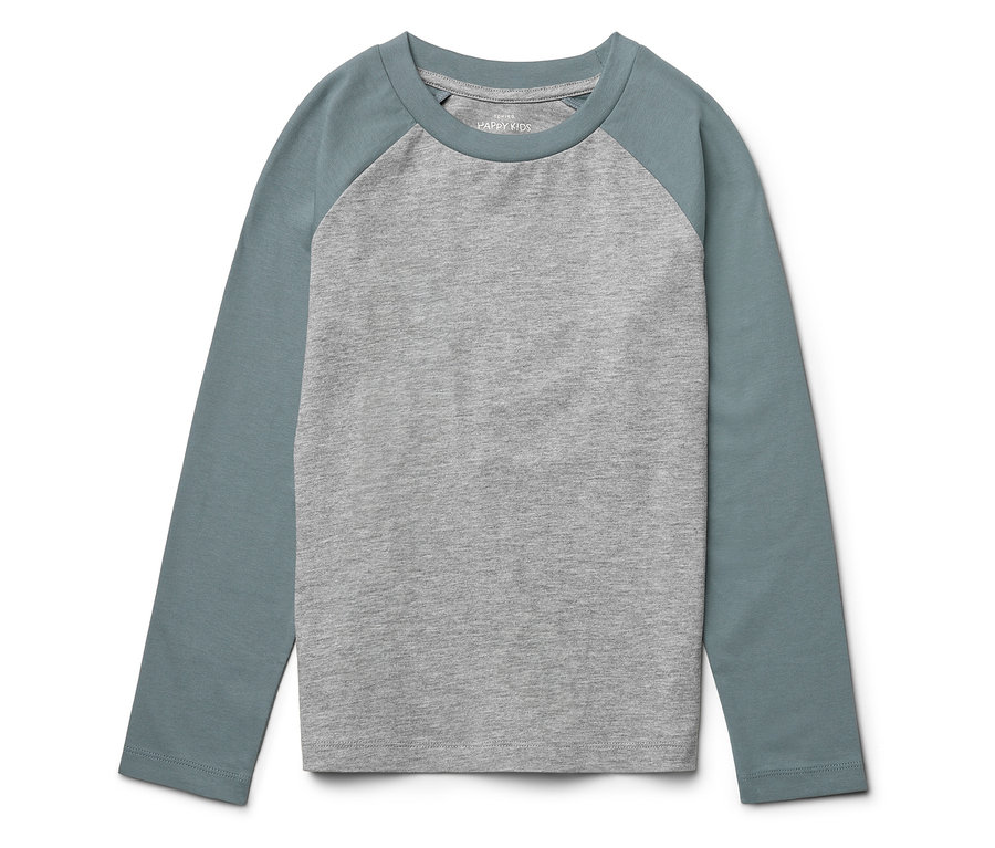 T-shirt gris à manches longues raglan bleues.