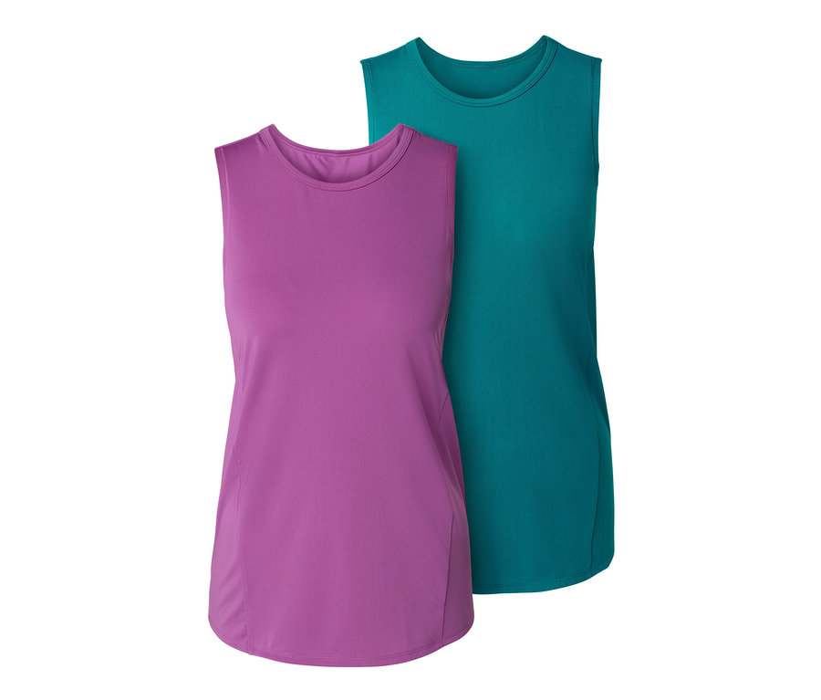 Deux débardeurs de sport, turquoise et violet.