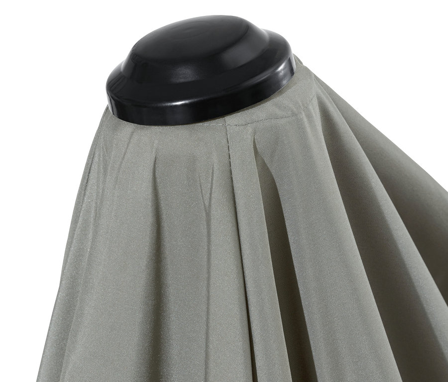 Détail d'un double parasol Leco gris clair.