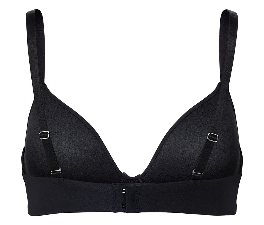 Gros plan d'un soutien-gorge noir avec bretelles réglables et fermeture arrière.