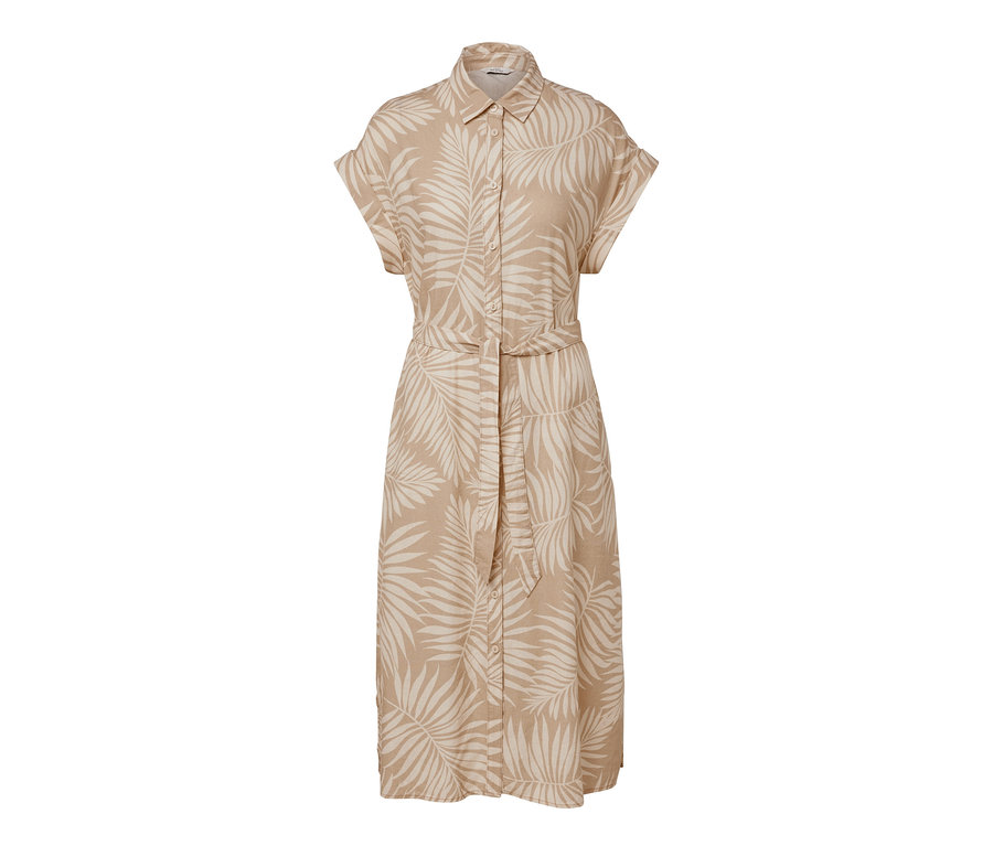 Robe en lin imprimée beige avec des manches courtes et un motif de feuilles.