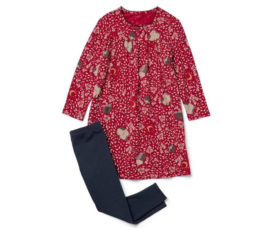 Une robe rouge à motif hérisson est posée à côté d'un legging bleu marine.