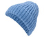 Gros plan d'un bonnet tricoté bleu clair.