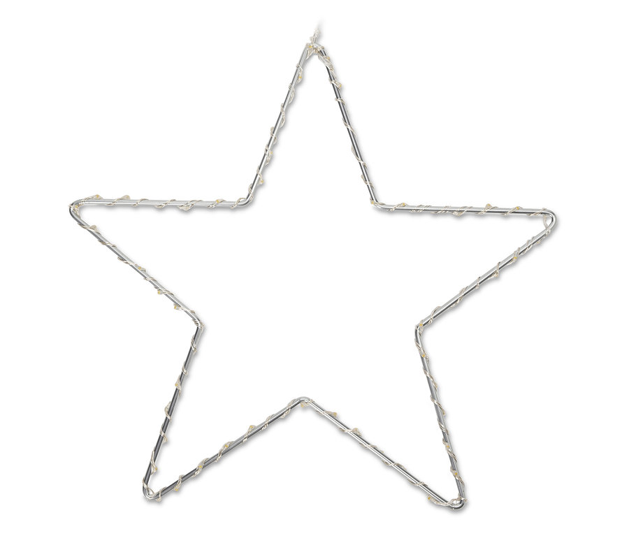 Étoile en fil de fer argenté avec de petites lumières sur fond blanc.