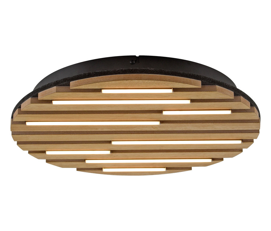 Plafonnier ovale avec des lamelles horizontales en bois et un bord noir.