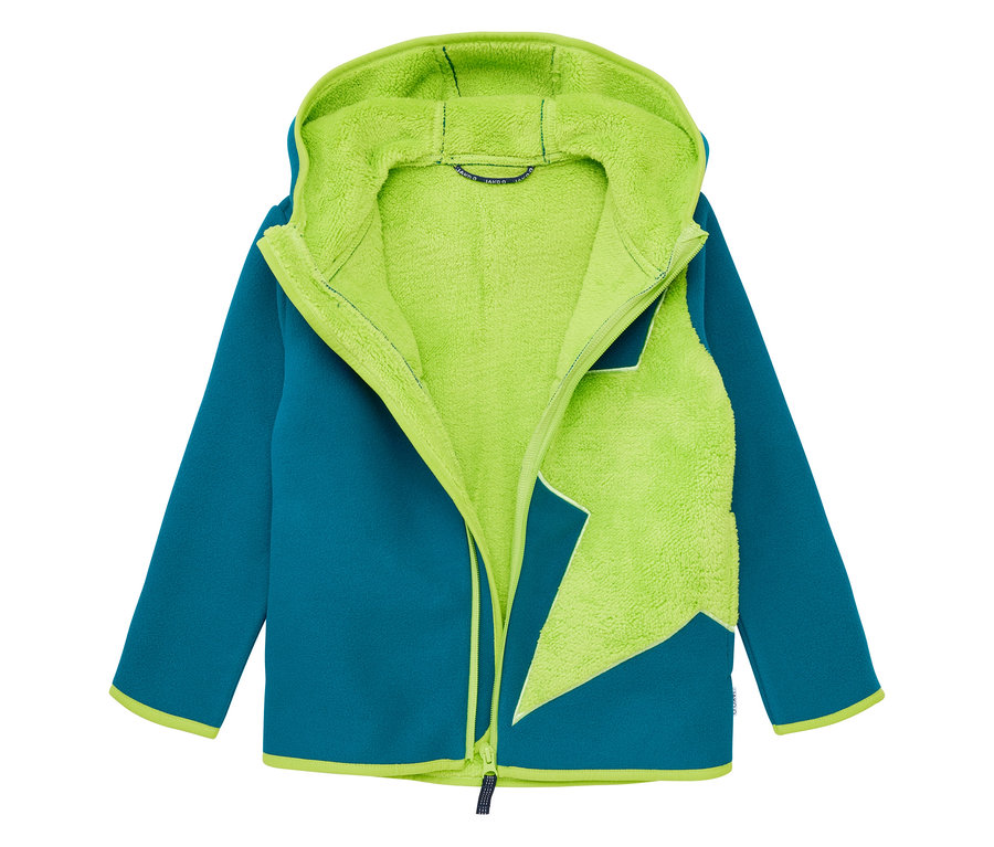 Veste polaire douillette JAKO-O ouverte, de couleur pétrole, avec capuche et doublure intérieure en polaire vert clair.