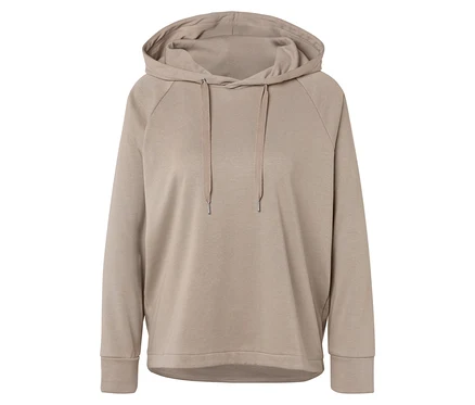 Un sweat à capuche beige avec cordon de serrage.