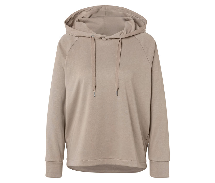 Un sweat à capuche beige avec cordon de serrage.
