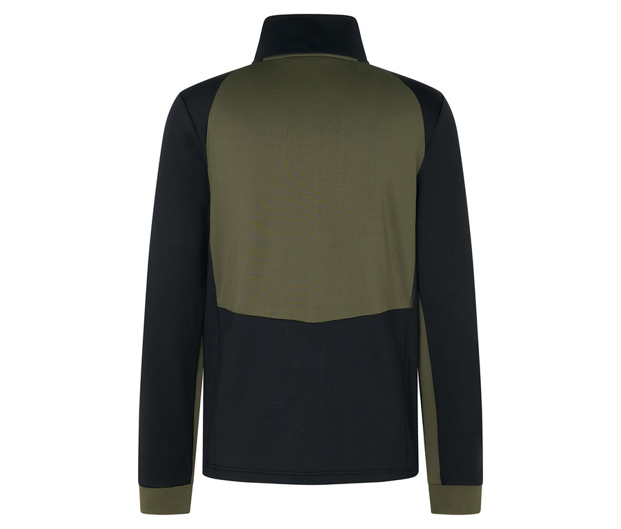 Vue arrière d'une veste à manches longues vert olive et noire avec fermeture éclair.
