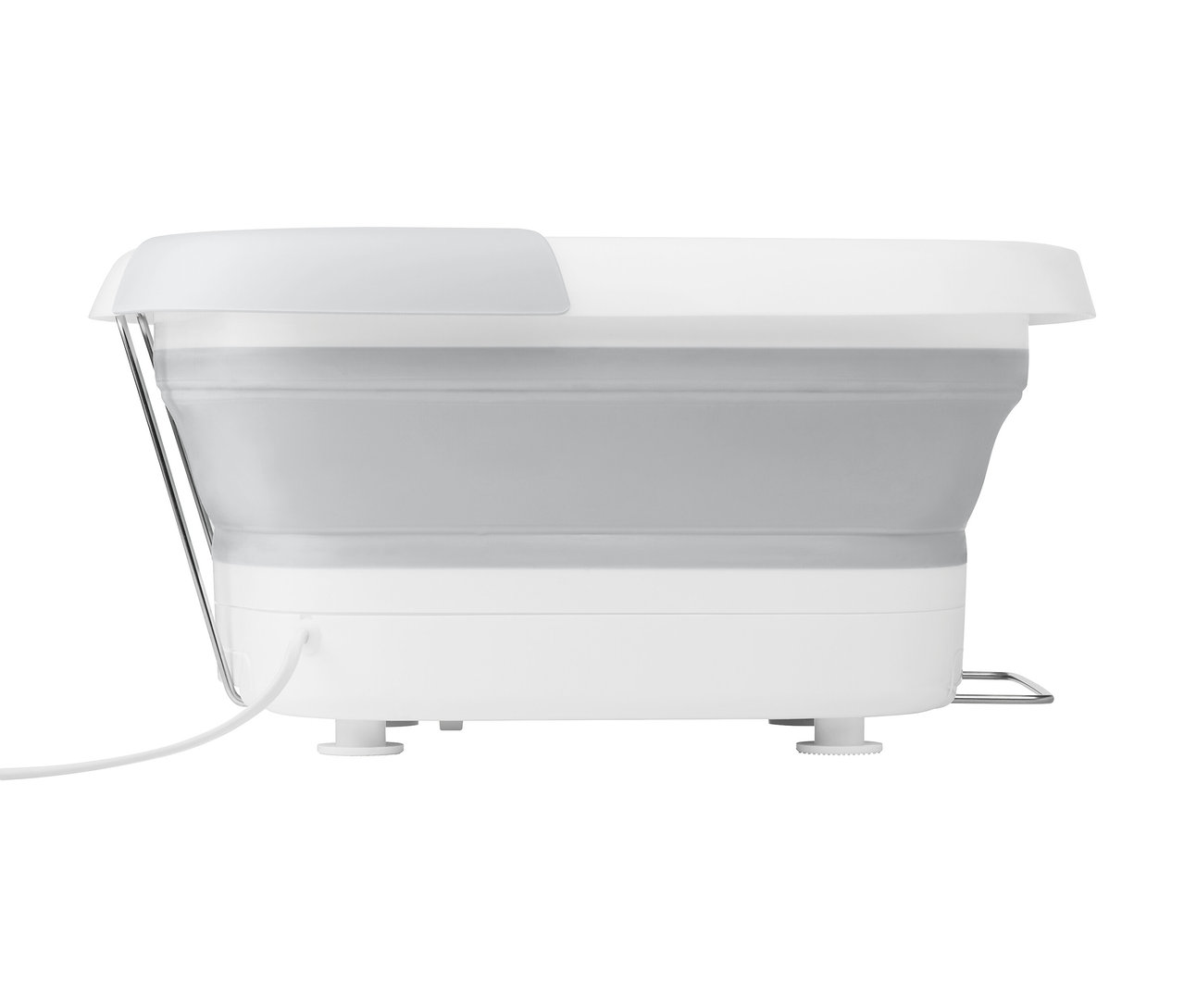 Panier à linge pliable blanc et gris vu de côté.