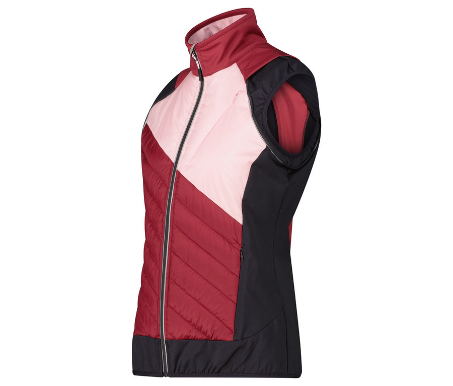 Vue latérale d'un gilet matelassé pour femmes avec des panneaux rouges, roses et noirs.