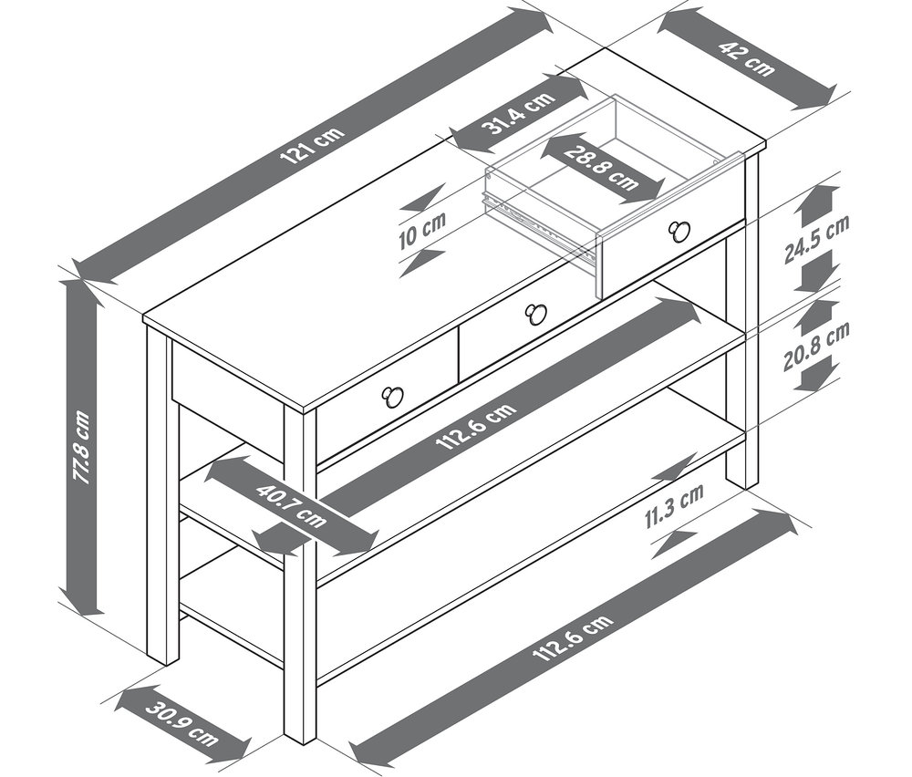 Dimensions de la console à tiroirs.