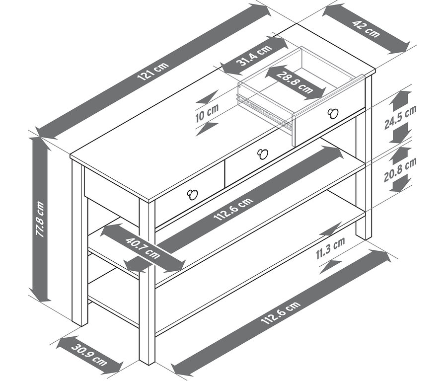 Dimensions de la console à tiroirs.