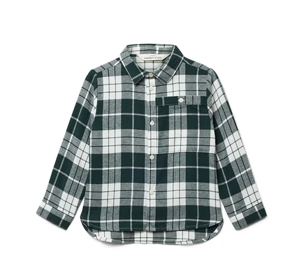 Chemise à manches longues à carreaux vert et blanc.