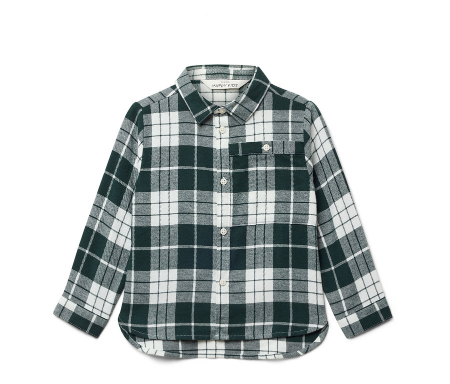 Chemise à manches longues à carreaux vert et blanc.