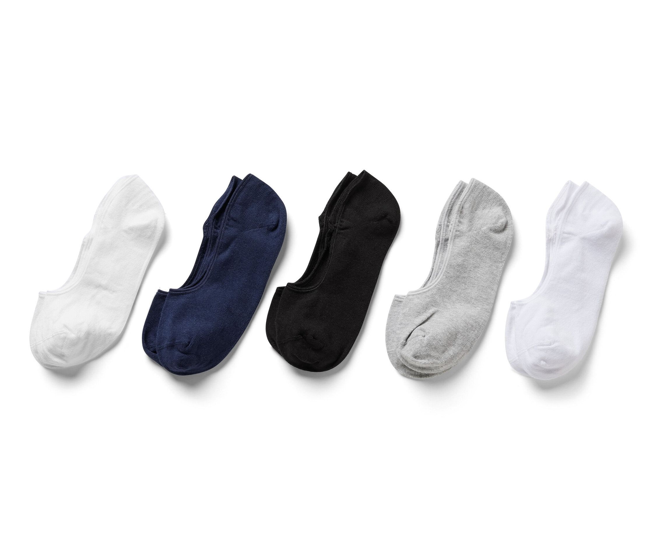 Cinq paires de socquettes en blanc, bleu marine, noir et gris.