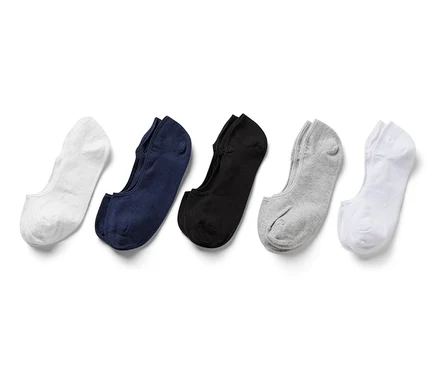 Cinq paires de socquettes en blanc, bleu marine, noir et gris.
