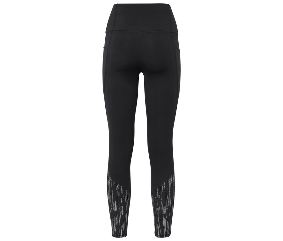 Leggings noirs taille haute avec motif blanc en bas des jambes.