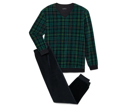 Ensemble de pyjama : chemise à manches longues à carreaux verts et pantalon en velours bleu foncé.